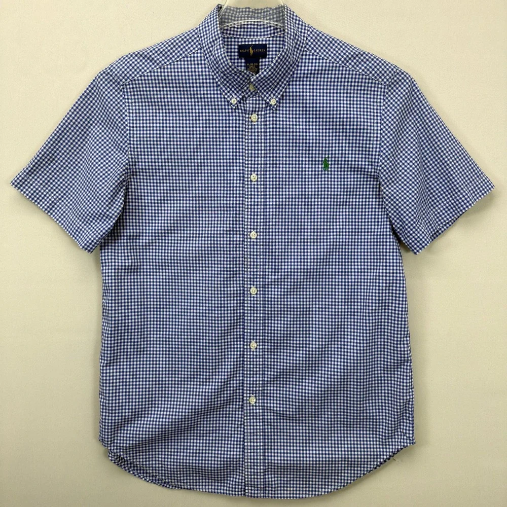 Ralph Lauren Button Down Boys XL (18-20) Gingham Blue Short Sleeve Regular Fit
